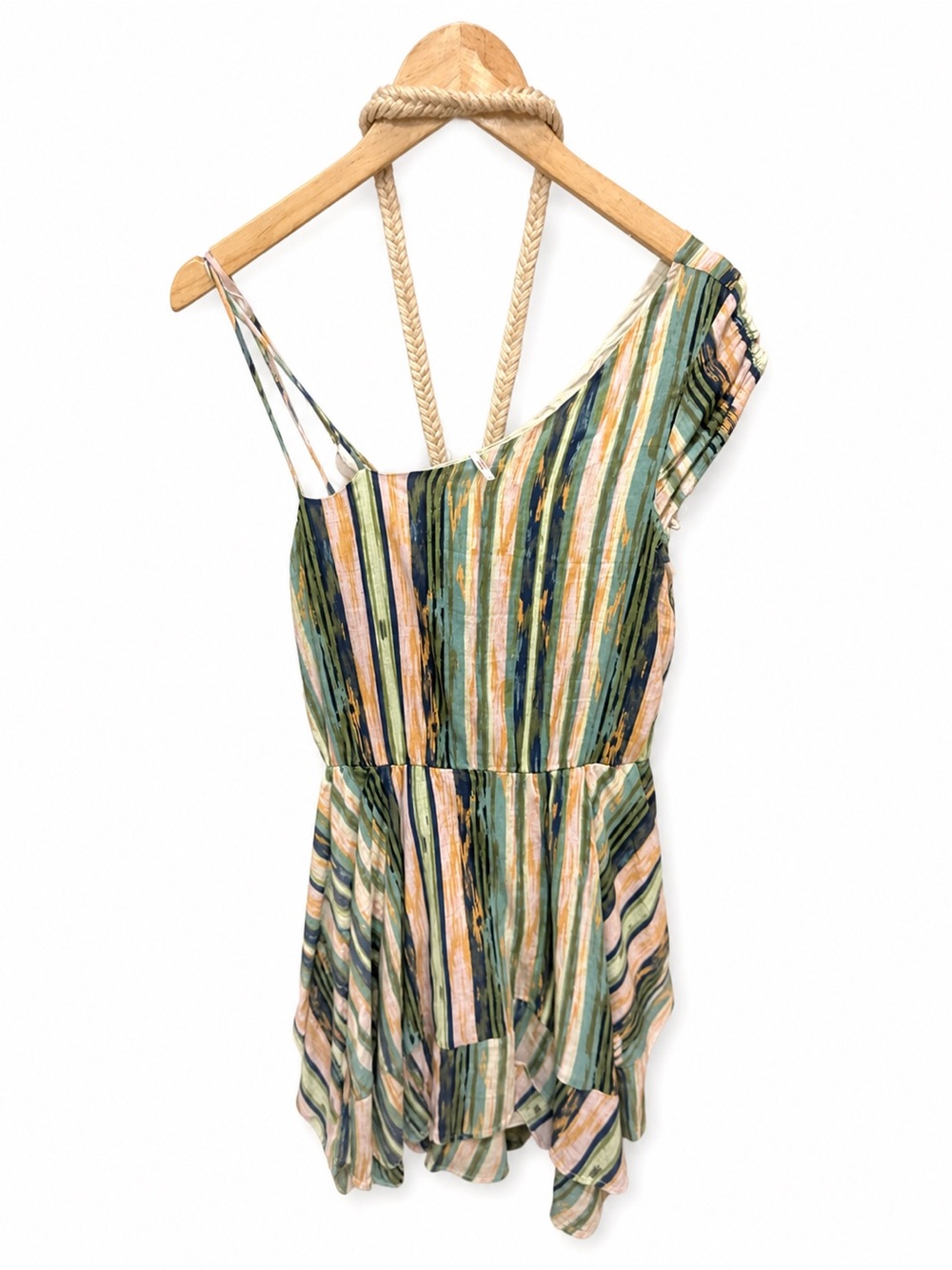 Free People Striped One-Shoulder Summer Romper in Green, Navy & Cream
